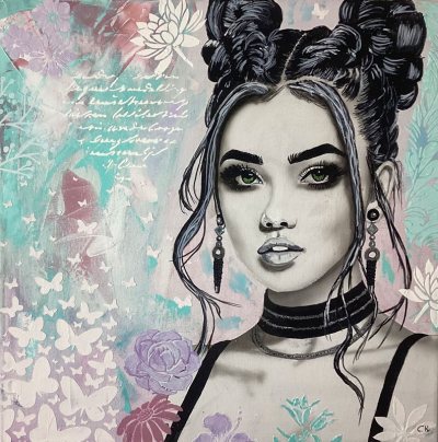 Bildnummer 111a: Airbrush, Acryl, Strukturpaste, Glitzersteine, 40 x 40 cm