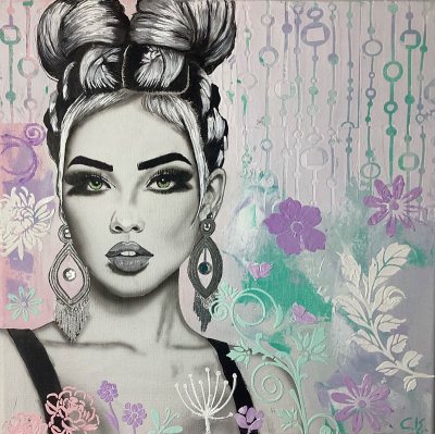 Bildnummer 113: Airbrush, Acryl, Strukturpaste, Glitzersteine, 40 x 40 cm