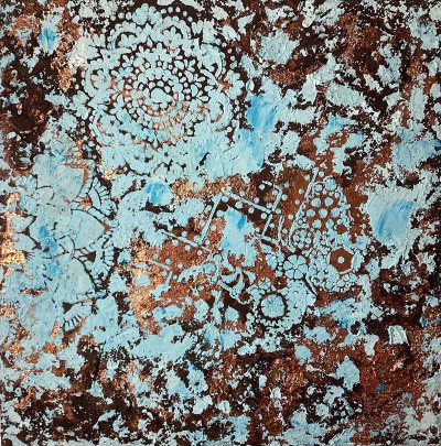Bildnummer 115: Acryl, Strukturpaste, Blattkupfer ( künstlich), 50 x 50 cm