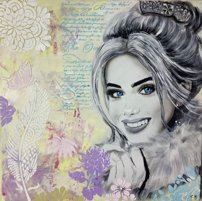 Bild Nr. 122: Airbrush, Acryl, Strukturpaste, Glitzersteine, 40x40 cm